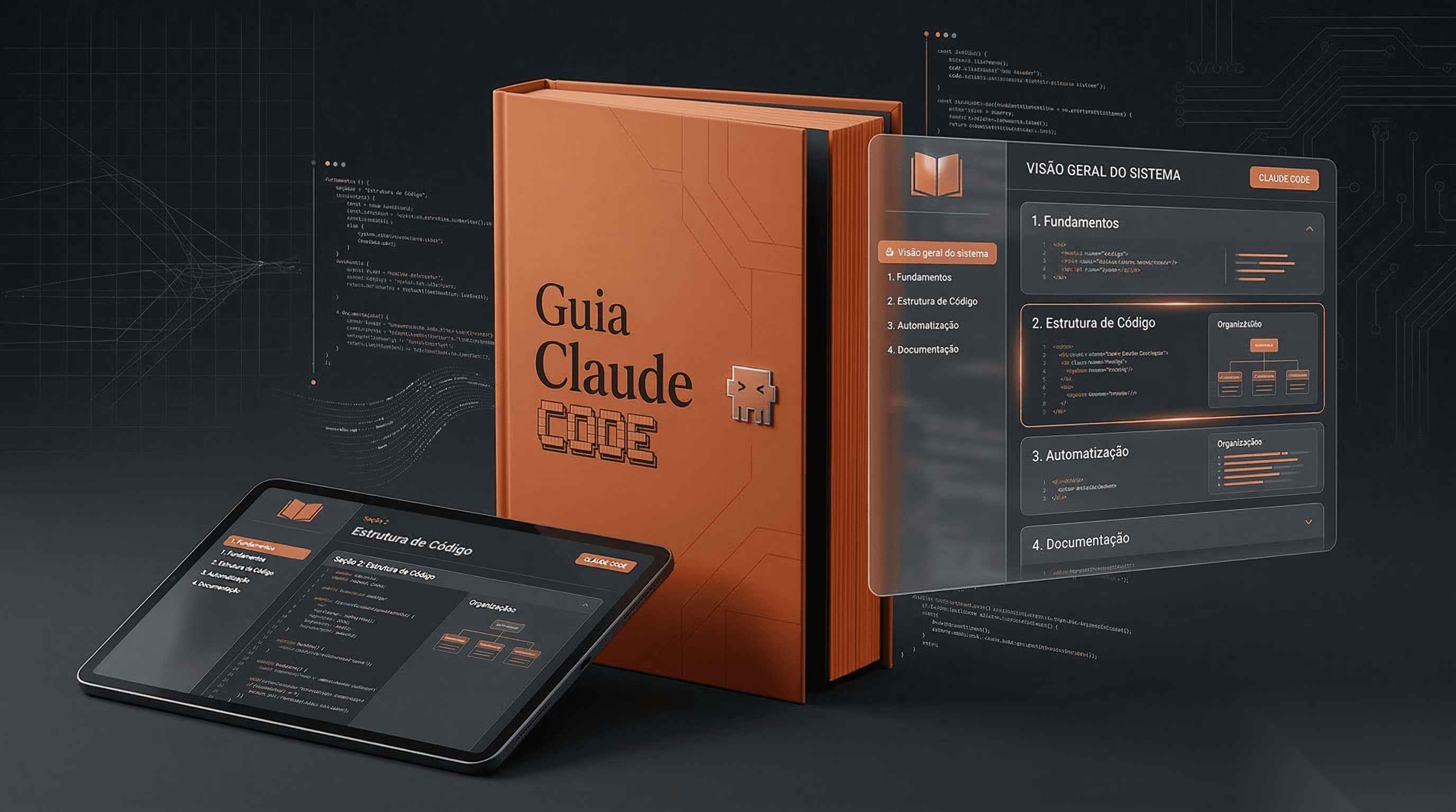Guia Claude Code — livro, tablet e tela de referência profissional