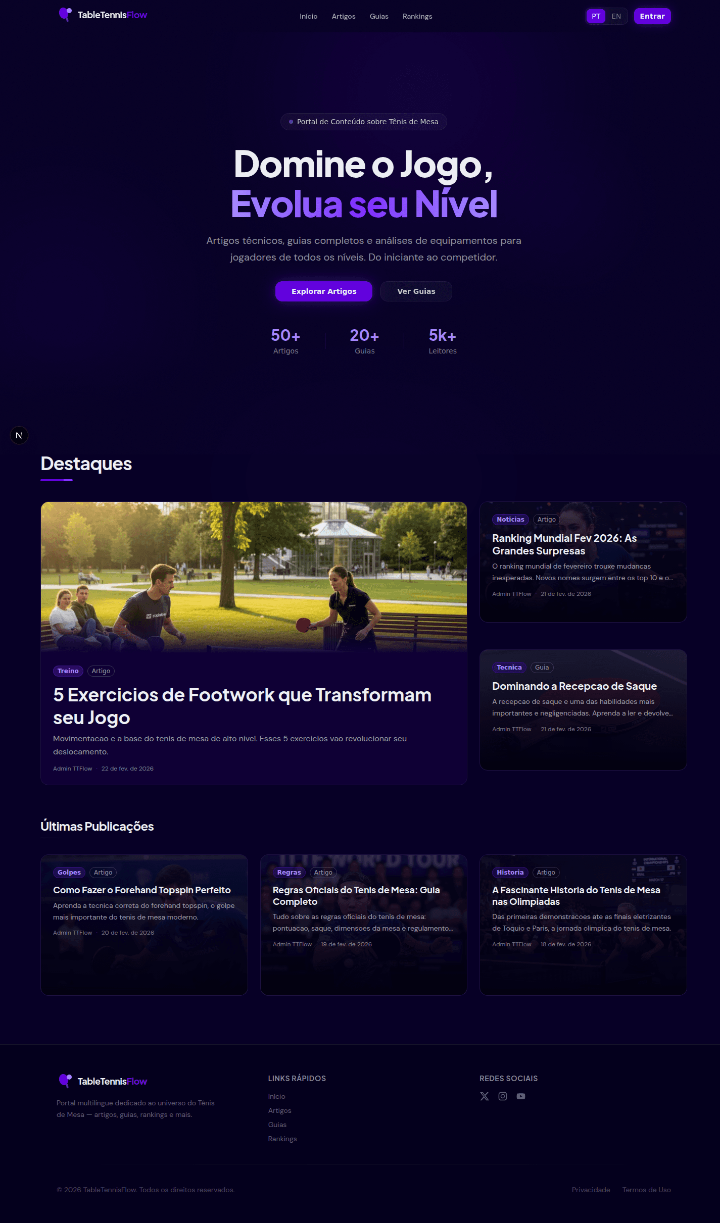 Homepage do TableTennisFlow