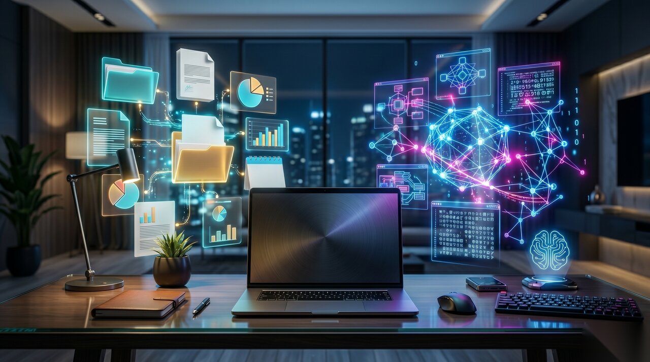 Hybrid workspace with office tools (folders, spreadsheets, charts) and coding elements (neural network, terminals), representing the two domains covered by Claude Cowork and Claude Code.